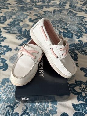 Sperry White Kids Boat Shoes with Pink Accents